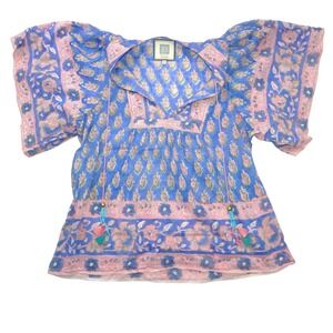 Bell Blue Pink Floral Block Print Flutter Sleeve Tassel Boho Blouse XS